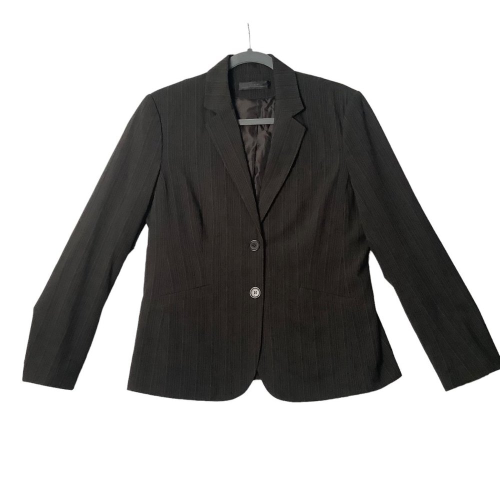 Script Blazer Women Size 10 Brown Pinstripe 2 Button 1 Vent Stretch